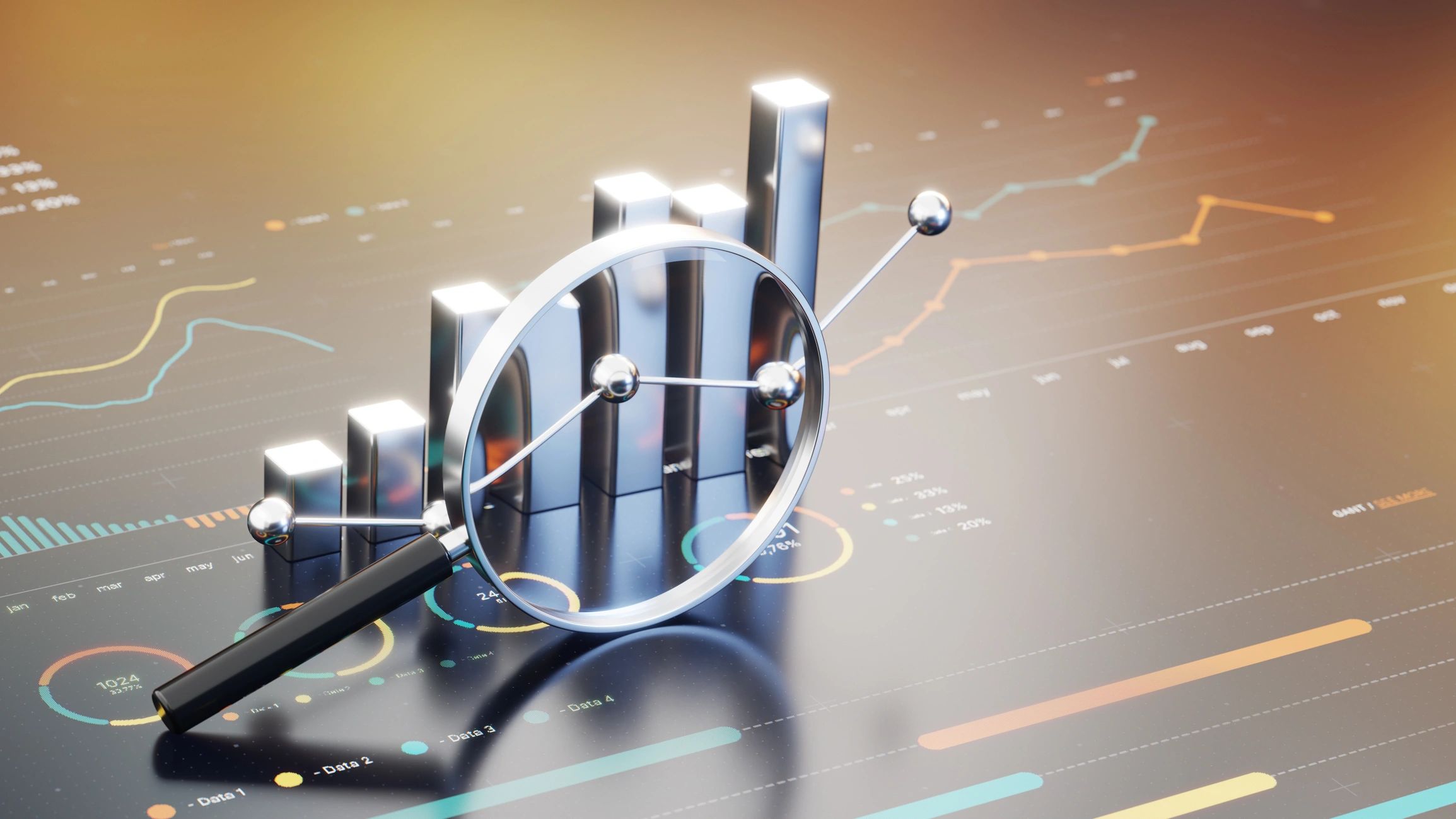Business growth analysis with charts and magnifying glass